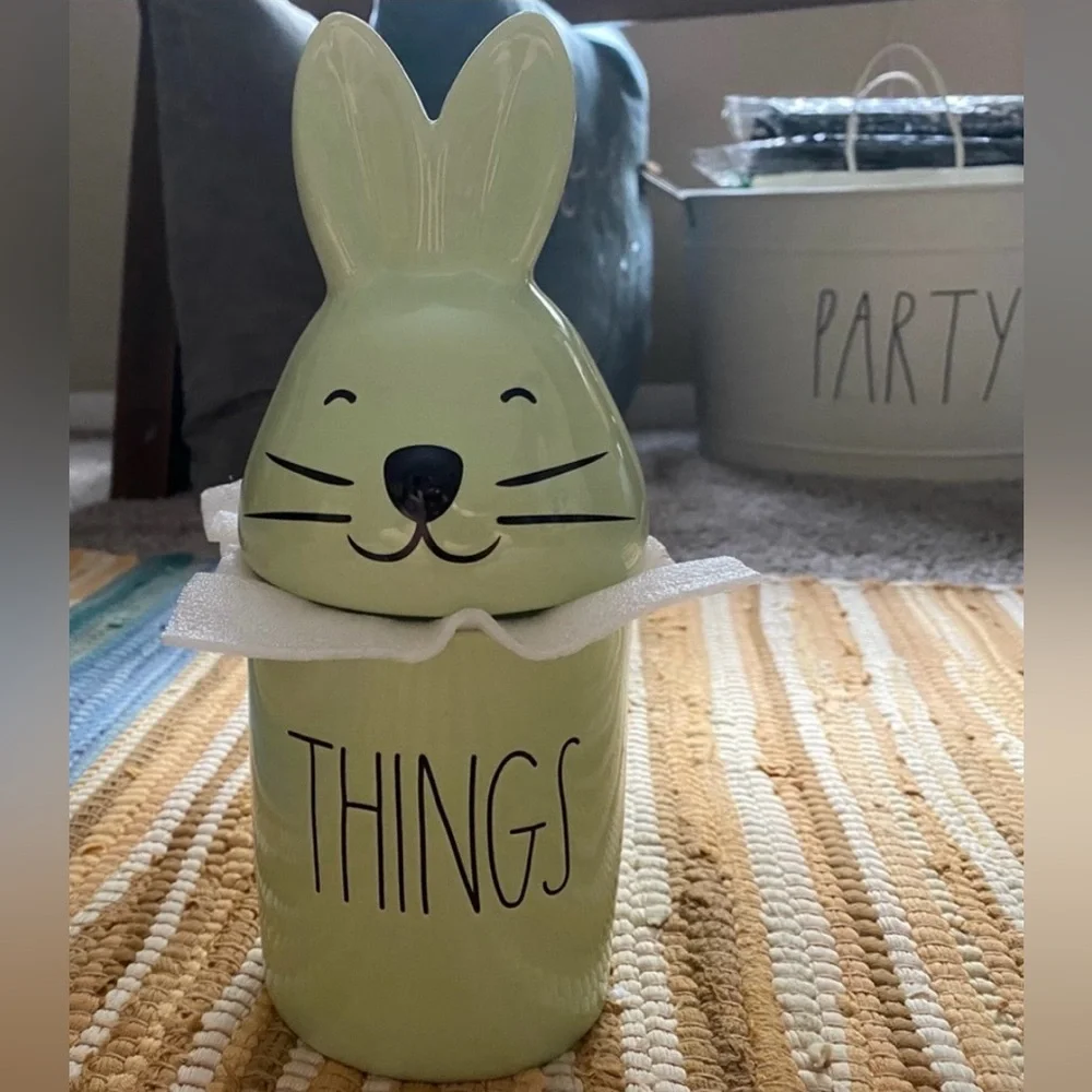•NIB•Rae Dunn Lidded Smiling Bunny Cotton Jar- ‘Things’